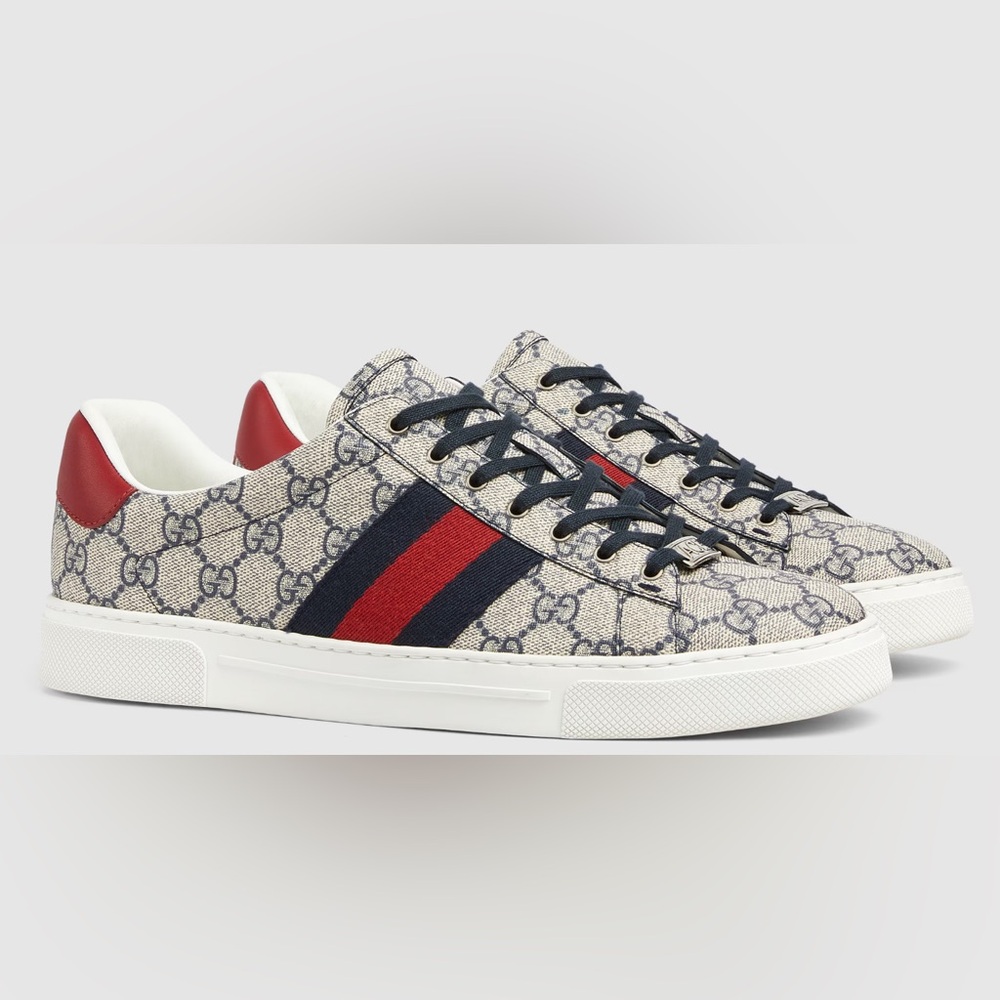 GUCCI - MEN'S ACE SNEAKER WITH WEB - Beige and Blue GG Supreme - NEW